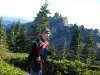 Castle Crags behind Rene hiking Castle Lake
