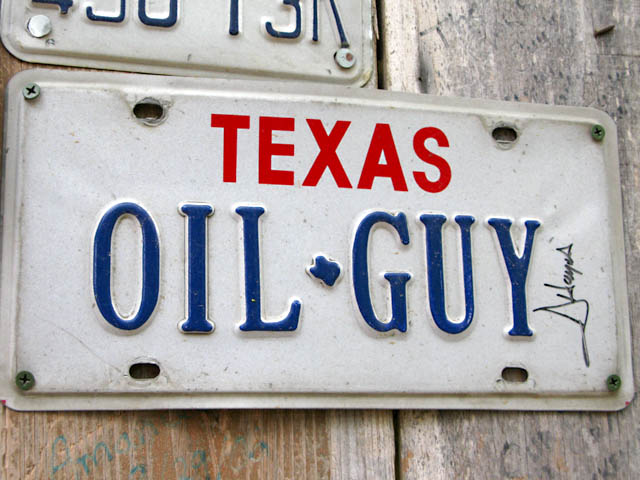 Texas Oil Guy License Plate in Luckenbach