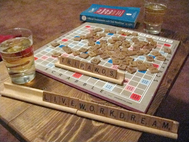 Scrabble and Champagne first night in new home