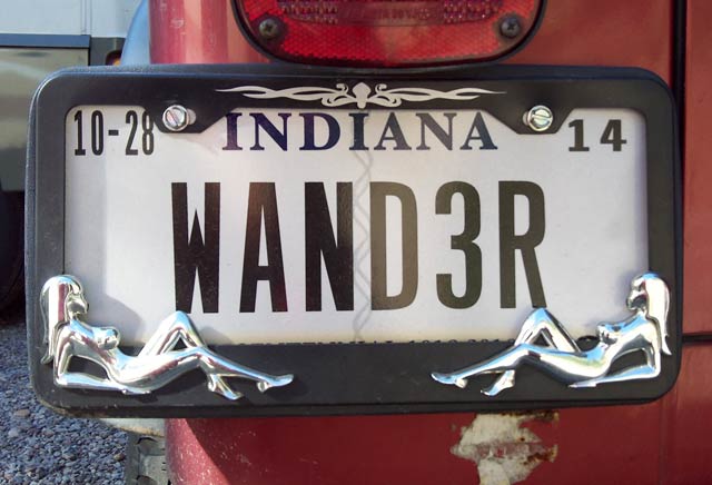 Full-time RVer, license plate, wander